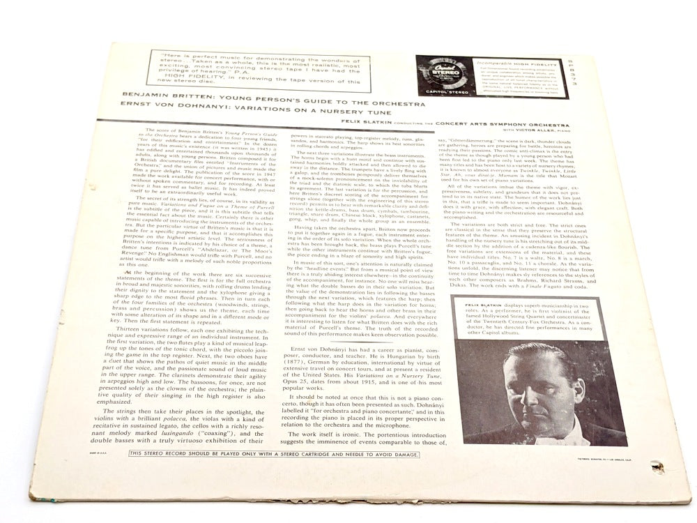 Vinyl LP, Benjamin Britten Young Person's Guide To The Orchestra, Capitol SP8373