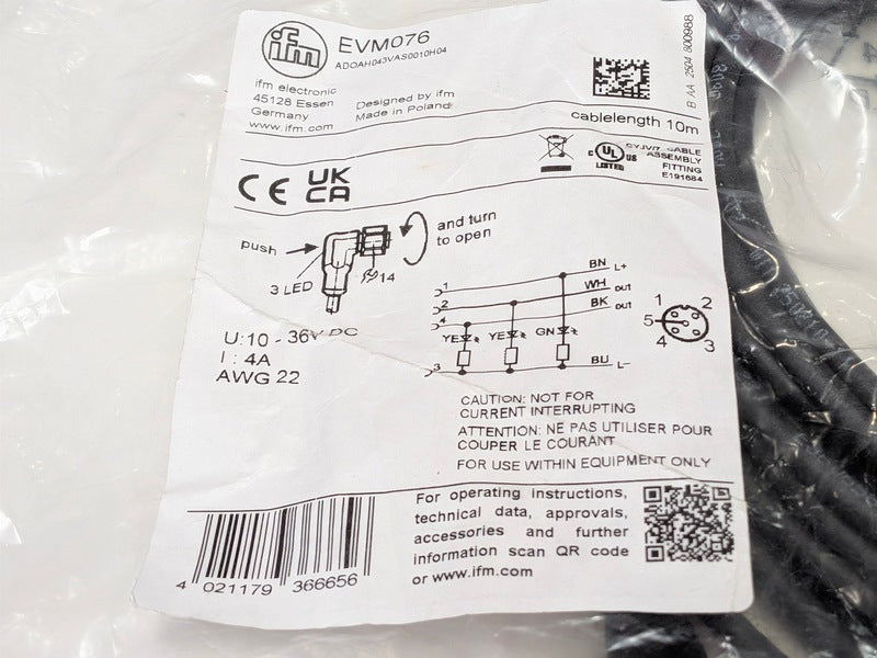 ifm Electronik EVM076 New 10 meter Genuine Original M12 Extension Cable