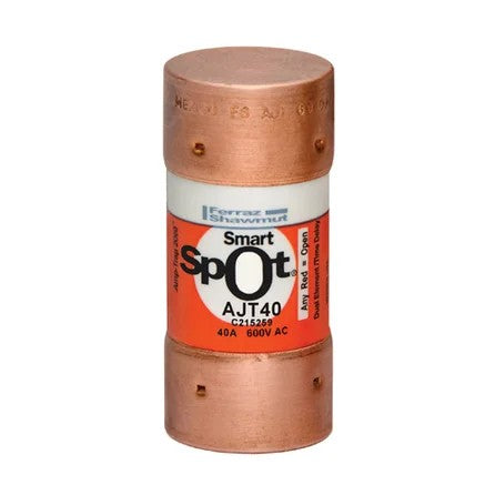 Mersen AJT40 Fuse, 40A, Class J, Time-delay, 600VAC 400VDC, Ferrule, SmartSpot®m Amp-Trap 2000®