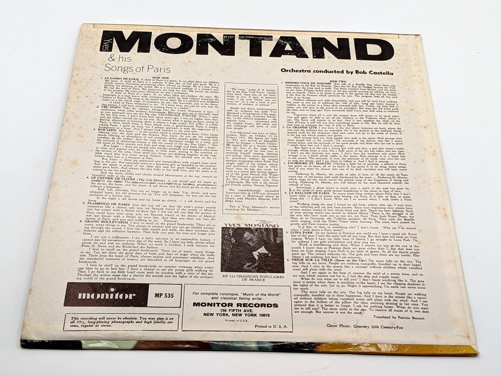 Vinyl LP, Yves Montand & His Songs of Paris, Monitor Records MP535