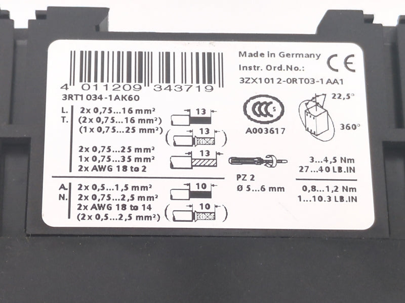Siemens 3RT1034-1AK60 New Genuine Original Power Contactor