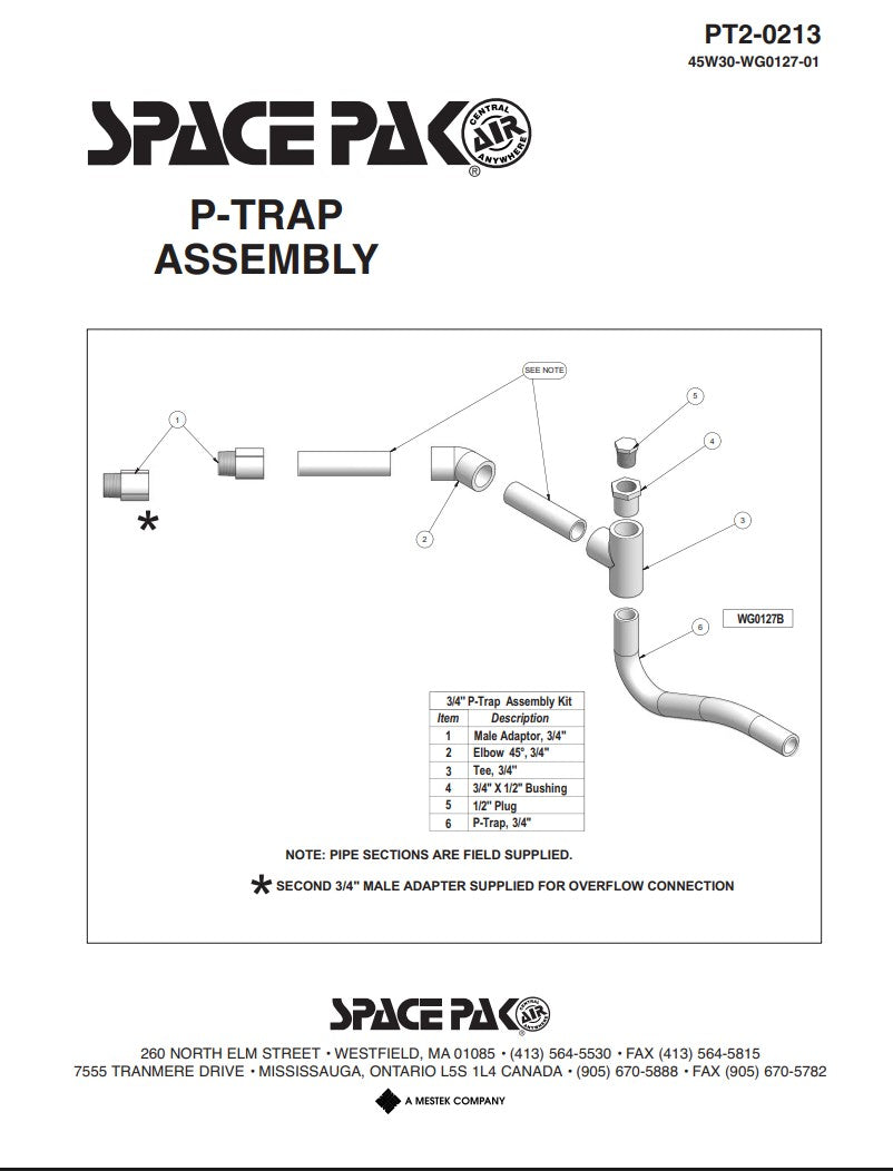 Spacepak PT2-0213 New Genuine Original P-Trap Assembly 45W30-WG0127-01