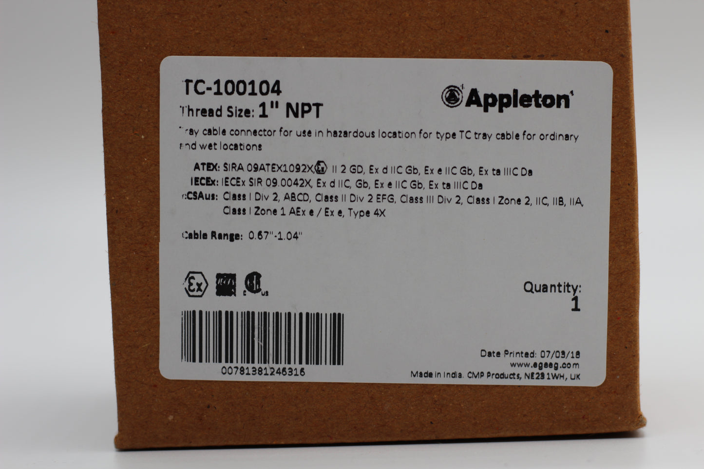 Appleton TC-100104 TC Cable Connector 1" NPT
