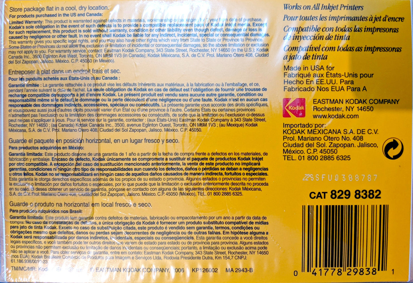 Kodak Photo Paper, 6 mil, Glossy, 4 x 6, 100 Sheets/Pack (8298382)