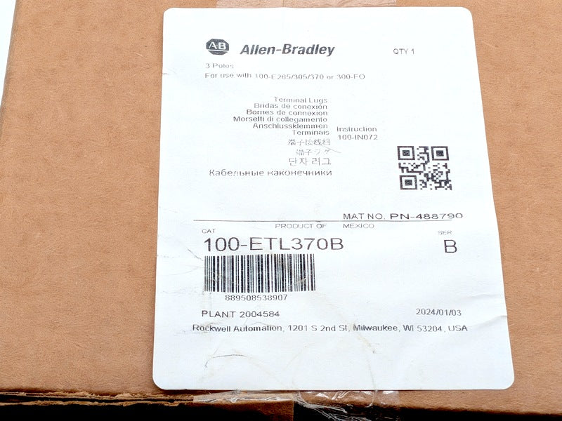 Allen Bradley 100-ETL370B New Genuine Original Premium Terminal Lugs 3-Pack