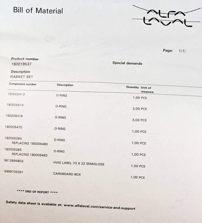 Alfa-Laval 1800-19537 New Genuine Original Gasket Kit for Moatti Filter