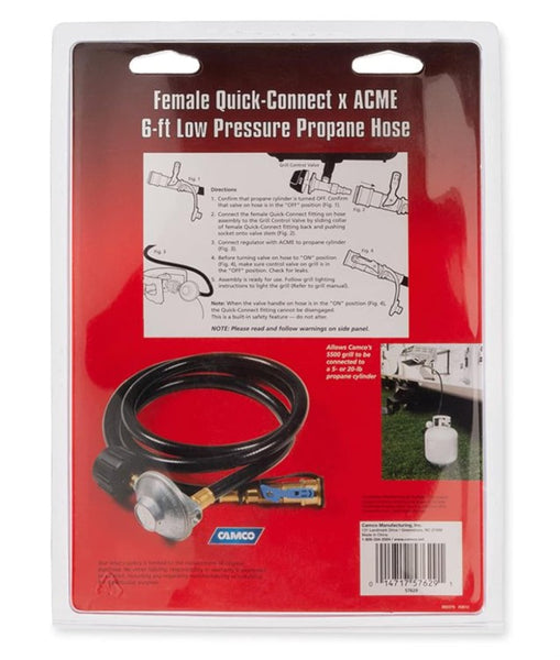 Camco 57629 6' Propane Regulator Low Pressure Hose with Female Quick Connect x Acme Nut, Black
