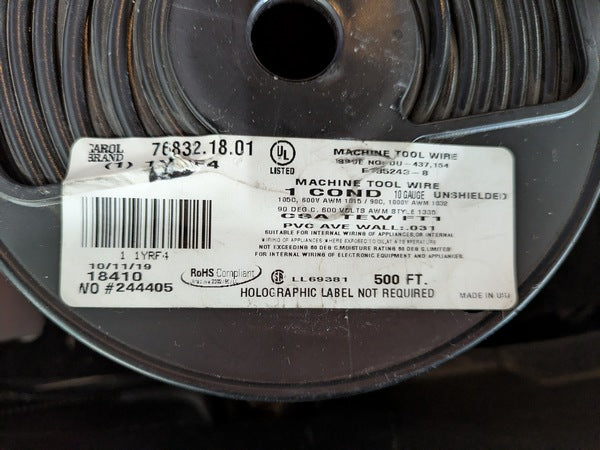 Carol 76832.18.01 Machine Tool Hookup Wire, 10 AWG Unshielded, Single Conductor, 600 V, 500 ft Spool
