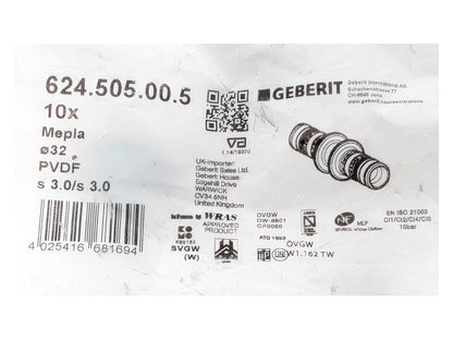 Geberit 624.505.00.5 New Mepla Press Fitting Straight Coupling Ø32mm DN25