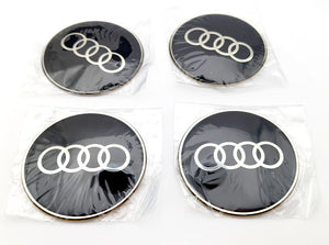 4 pcs 65mm Wheel Center Hub Cap Decals, Black & Silver, Aluminum for Audi