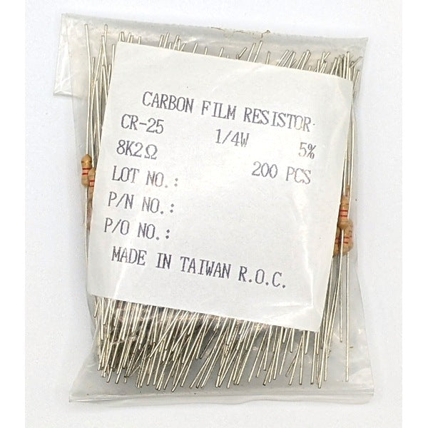 Carbon Film Resistors, 8.2KΩ, 1/4W, 5%, CR-25, Pack of 200