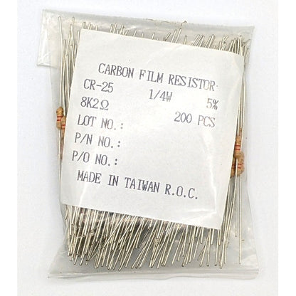 Carbon Film Resistors, 8.2KΩ, 1/4W, 5%, CR-25, Pack of 200