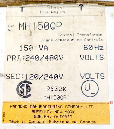 Hammond Manufacturing MH150QP Control Transformer, Pri 240/480, Sec 120/240, 150VA, 60Hz, New