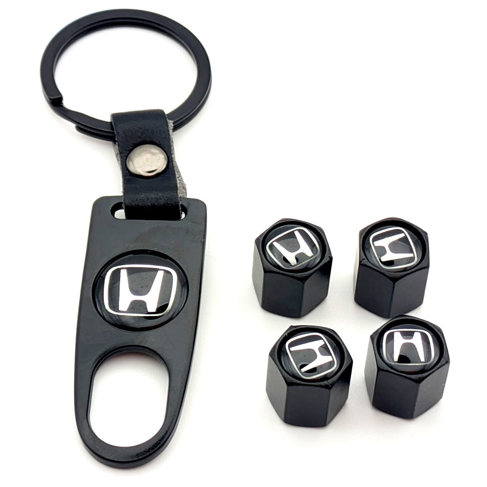 4 pcs. Tire Valve Stem Black Aluminum Caps + Black Aluminum Keychain Combo Set for Honda