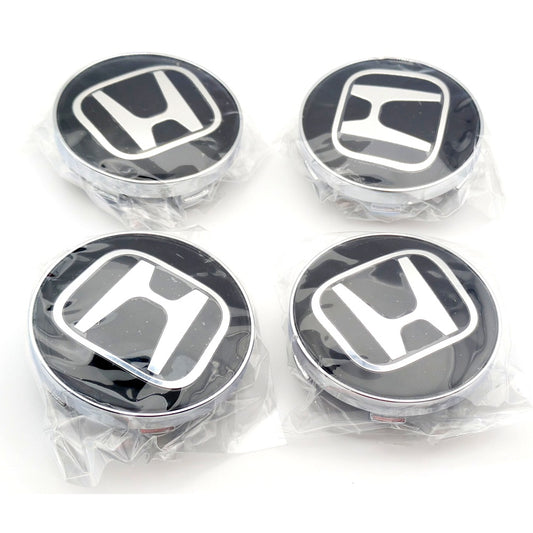 Chrome & Black Wheel Centre Caps for Honda, Raised Emblem, Pack of 4, 60mm Outer Diameter