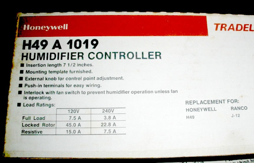 Honeywell H49 A 1019 Humidifier Controller Duct Mount Humidistat Switch (H49A1019)
