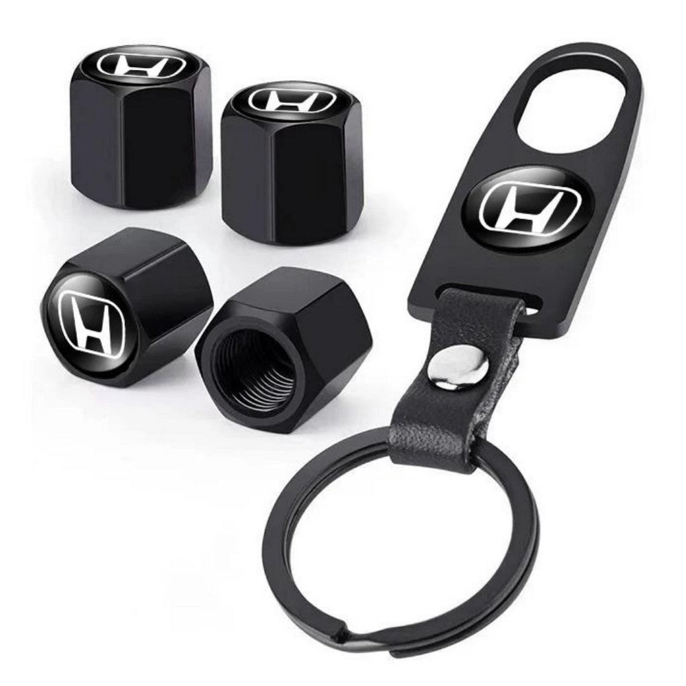 Honda-Branded Black Aluminum Tire Valve Caps & Keychain