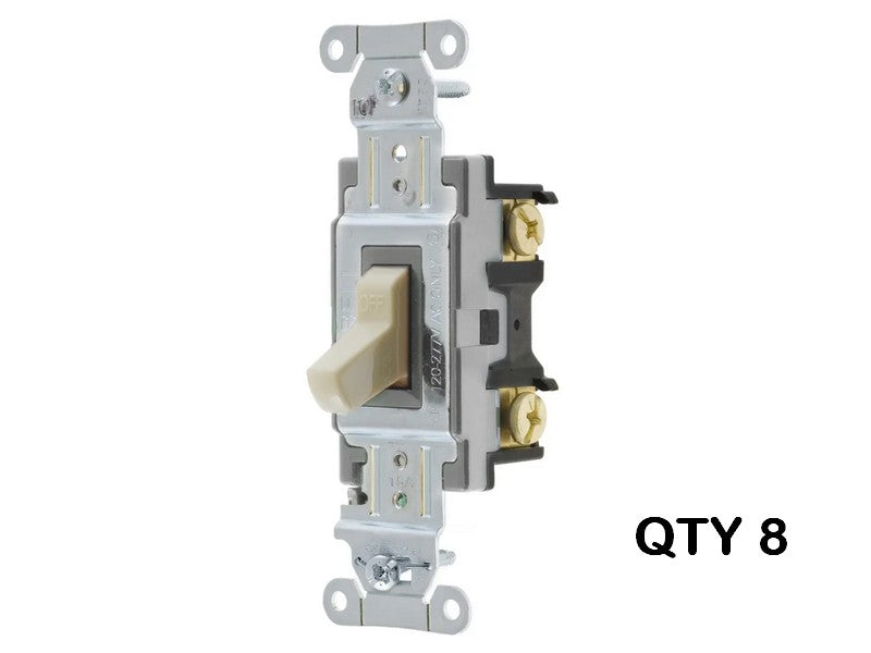 Hubbell CSB115I, Box of 8, New Toggle Switches, Commercial‑Grade, Single Pole 15A 120‑277 VAC, Ivory