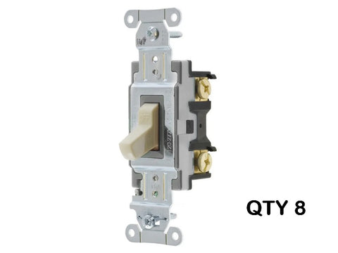 Hubbell CSB115I, Box of 8, New Toggle Switches, Commercial‑Grade, Single Pole 15A 120‑277 VAC, Ivory