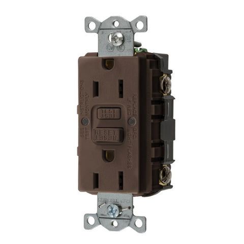 Hubbell GFRST15, 15A 125VAC, NEMA 5-15R, Brown Standard GFCI Receptacle with Self-Test