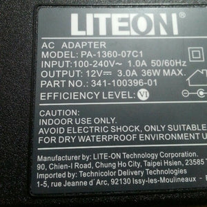 Lite-On PA-1360-07C1 AC Adapter, Input 100-240VAC, Output 12VDC 3A 36W (PA136007C1)