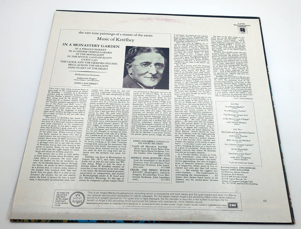 LP Vinyl, 1978, In a Monastery Garden Music of Ketèlbey, Angel, EMI Records Limited, S-37483, Stereo/Quadraphonic SQ