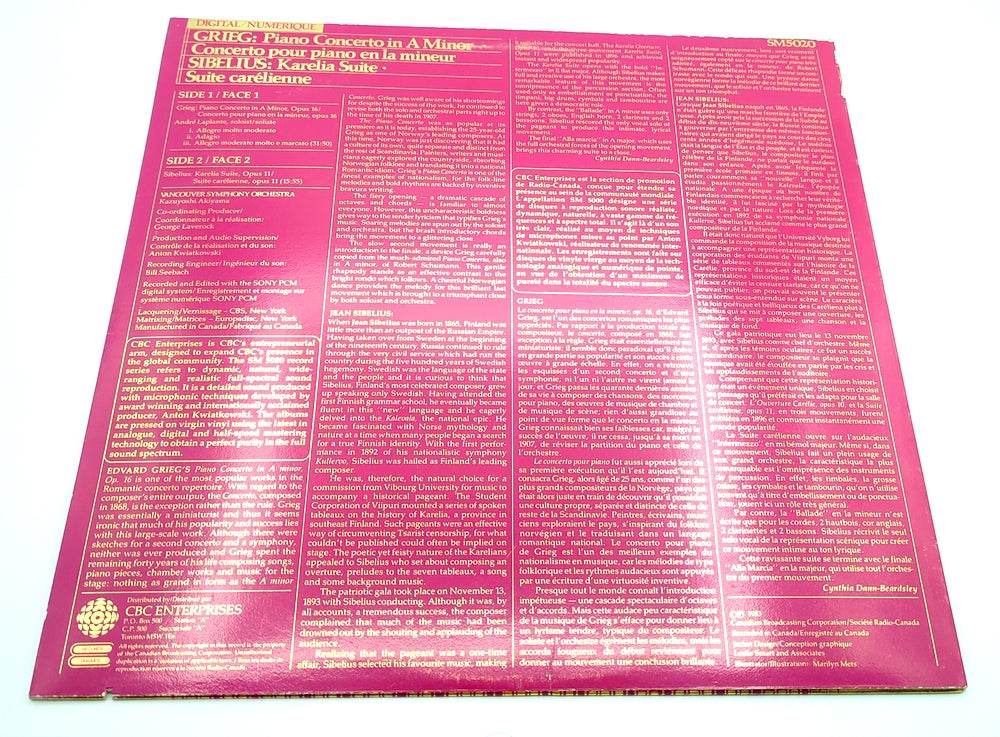 LP Vinyl, 1983, André Laplante / Vancouver Symphony Orchestra / Kazuyoshi Akiyama - Grieg: Piano Concerto in A Minor / Sibelius: Karelia Suite, CBC Records, SM5020