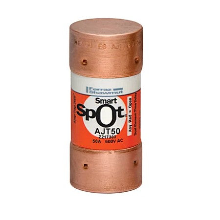 Mersen AJT50 SmartSpot® Fuse, 50A, Class J, Time-delay, 600VAC 400VDC, Ferrule, Amp-Trap 2000®