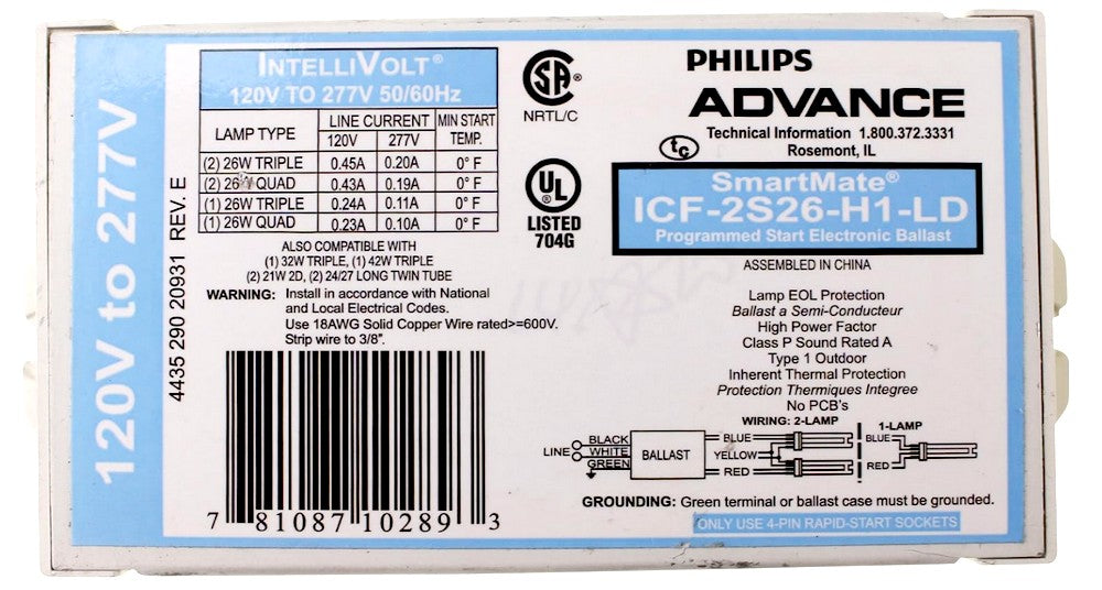Philips Advance SmartMate ICF-2S26-H1-LD Programmed Start Compact Electronic Ballast (ICF2S26H1LD, 10289)