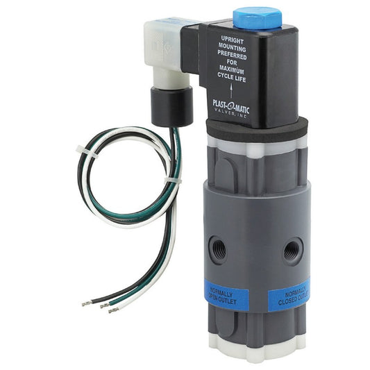 Plast-O-Matic THP4EP8W24 1/2" PVC THP 3-Way Solenoid Valve, Electric Actuated with EPDM Seals