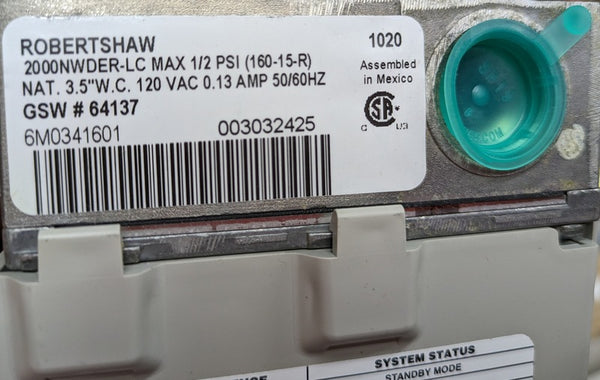 Robertshaw 2000NWDER-LC Water Heater Gas Control Valve, Natural Gas (100092742, 64094)