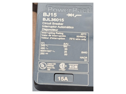 Schneider SquareD BJL36015 New PowerPact 15A Molded Case Circuit Breaker