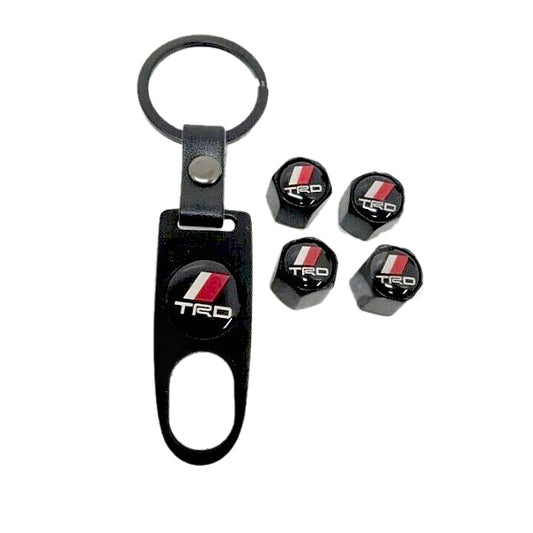 TRD New Set of 4 Black Metallic Air Valve Stem Covers and Matching Keychain