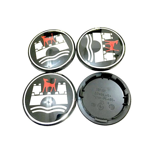 Wheel Centre Caps for VW Volkswagen, Pack of 4, 65mm Outer Diameter, Chrome Black Red, Raised Wolfsburg Crest