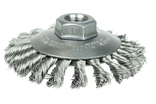 Weiler 13416 Knot Wire Bevel Brush 4", .014" Stainless Steel Wire, 5/8"-11 UNC Nut