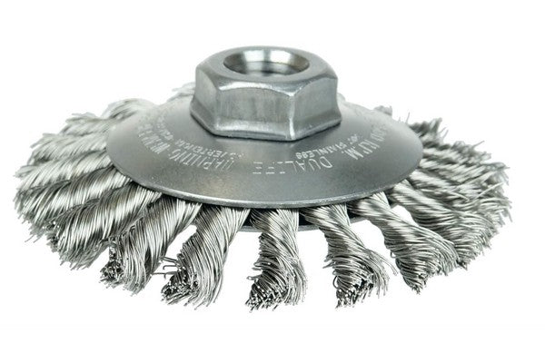Weiler 13416 Knot Wire Bevel Brush 4", .014" Stainless Steel Wire, 5/8"-11 UNC Nut