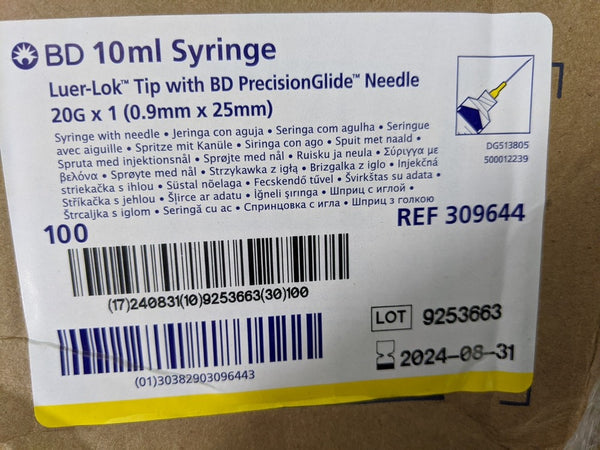 BD 309644 10mL/cc Syringe with PrecisionGlide Detachable Needle 20g x 1", Luer-Lok Tip Sterile, Box of 100