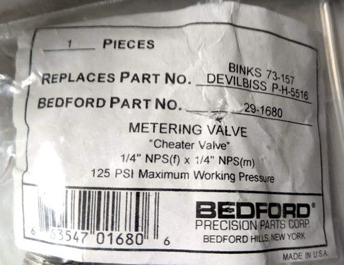 Bedford Precision 29-1680 New Genuine Original Metering Valve "Cheater Valve" 1/4" NPS x 1/4" NPS 125psi