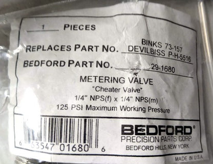 Bedford Precision 29-1680 New Genuine Original Metering Valve "Cheater Valve" 1/4" NPS x 1/4" NPS 125psi