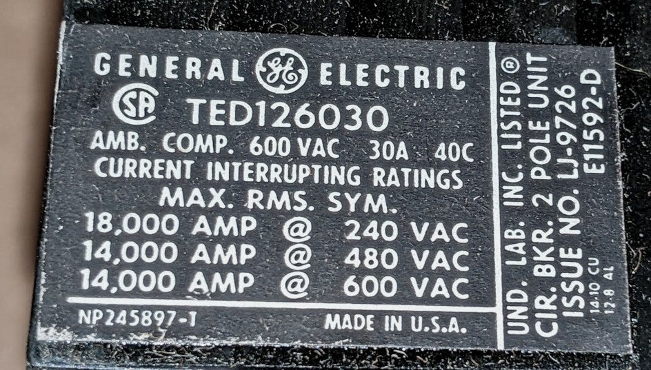 GE General Electric Type TED 126030WL Circuit Breaker, Mod 1, 30A, 2 Pole, 600VAC (TED126030WL)