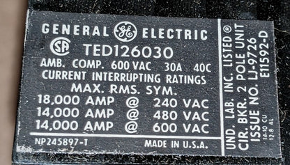 GE General Electric Type TED 126030WL Circuit Breaker, Mod 1, 30A, 2 Pole, 600VAC (TED126030WL)