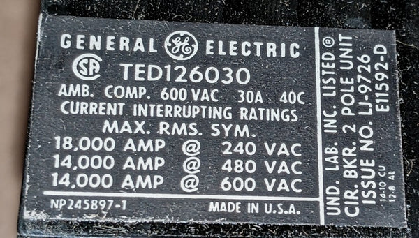 GE General Electric Type TED 126030WL Circuit Breaker, Mod 1, 30A, 2 Pole, 600VAC (TED126030WL)