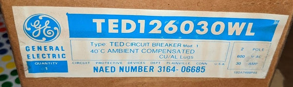 GE General Electric Type TED 126030WL Circuit Breaker, Mod 1, 30A, 2 Pole, 600VAC (TED126030WL)