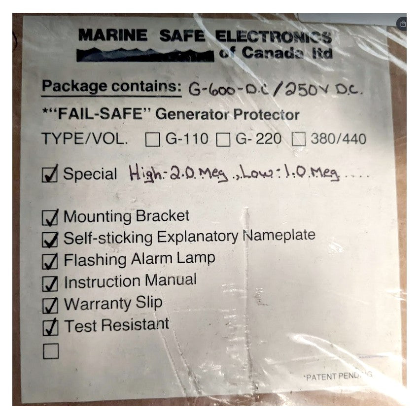 Marine Safe Electronics MSE "Fail Safe" Insulation Fault DC Motor Protector G-600-DC/250 VDC