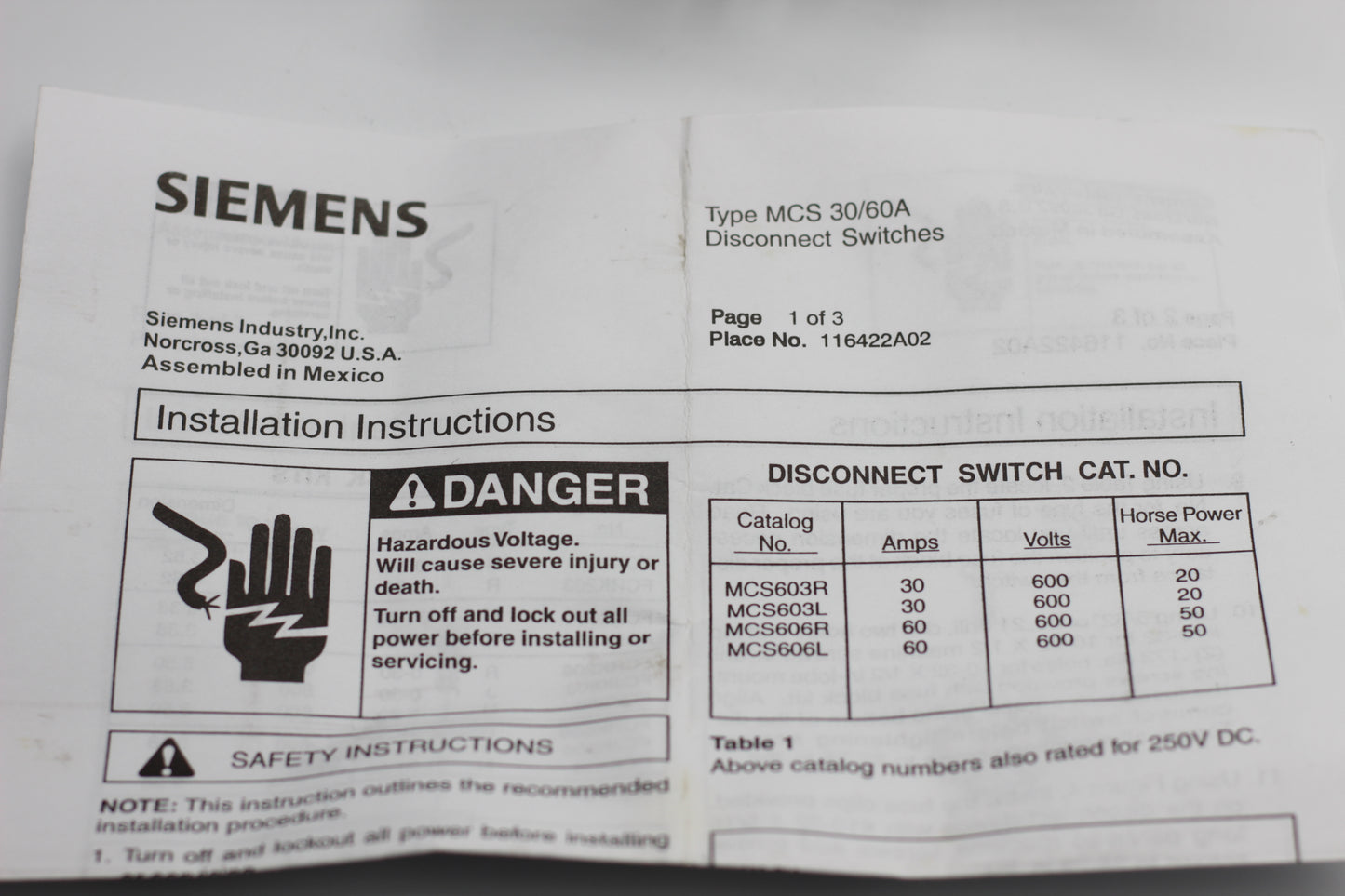 Siemens MCS603R Disconnect Switch 3-Pole 30A 600V Right Handed Drive
