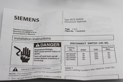 Siemens MCS603R Disconnect Switch 3-Pole 30A 600V Right Handed Drive